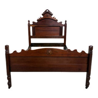 Antique Full Size Victorian Eastlake Style Solid Walnut Bed For Sale
