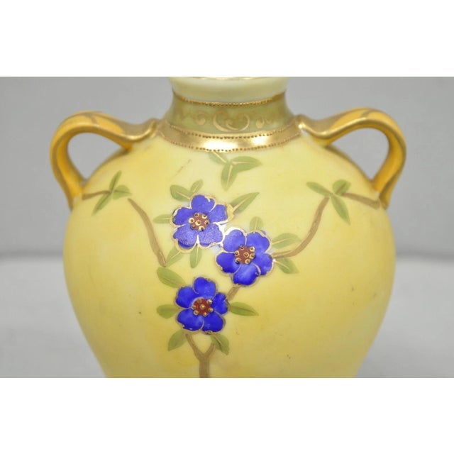 Beige Antique Nippon Hand Painted Porcelain Moriage Mountain Scene Small Yellow Vase For Sale - Image 8 of 12