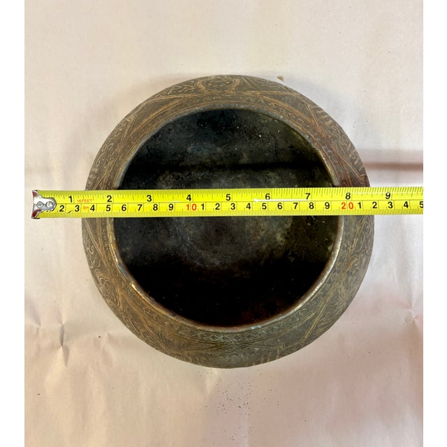 Brass Antique Circa 1900 Syrian Damascus Mamluk Revival Engraved Brass Arabic Calligraphy Bowl For Sale - Image 8 of 9