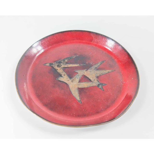 We are selling this Mid-Century Modern enamel on bronze or copper catchall tray. This tray has nice red enamel with resist...