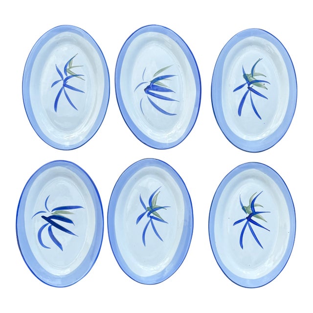 Portuguese Platters - Set of Six Unique Ceramic Artisan Painted Floral Designs - Oval, Mid 20th C. For Sale