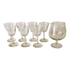 Midcentury Clear Glass Monogram "F" Cocktail Set- 8