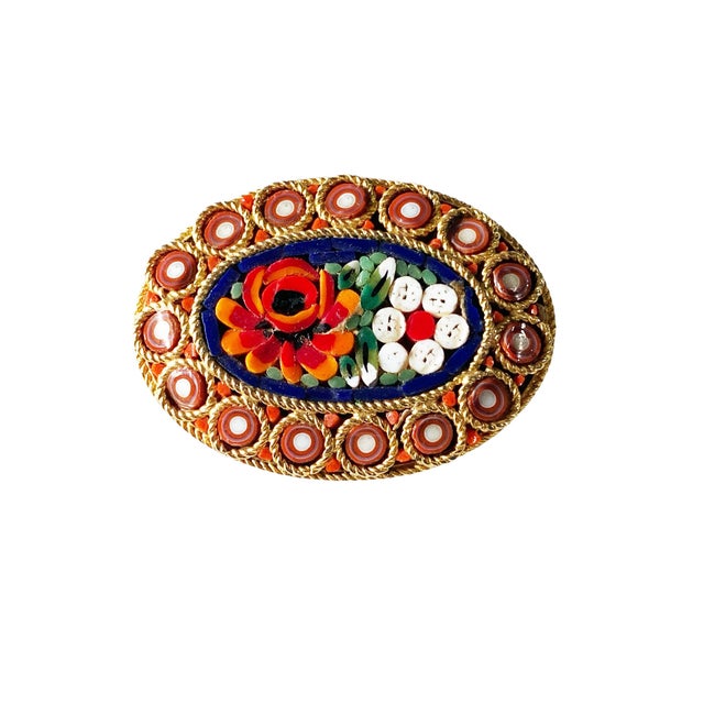 Vintage Italian Micro Mosaic Flower Gold Tone Pin Brooch Oval For Sale - Image 4 of 5