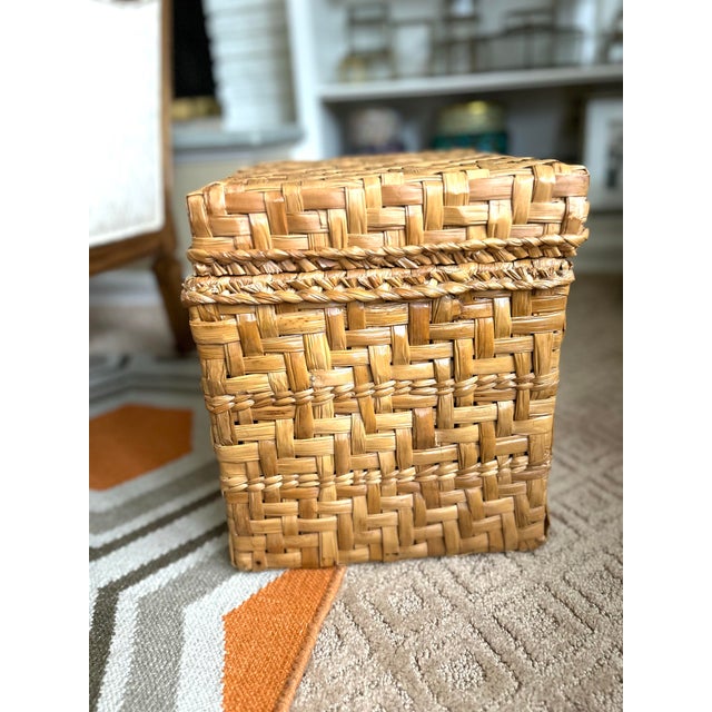 Vintage Woven Rattan Storage Box With Leather Closures | Lidded File Box, Custom Designer Fabric Lined Interior, Boho Coastal Decor For Sale In Louisville - Image 6 of 12