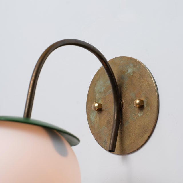 Vintage Italian Brass Wall Lamps with Green Details and Opaline Globes, 1950s, Set of 2 For Sale - Image 14 of 15