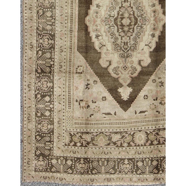 Textile Green Brown, Taupe Turkish Vintage Oushak Rug With Medallion 6'1 X9'8 For Sale - Image 7 of 7