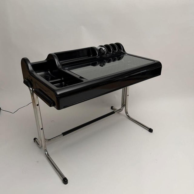Design classic ‚orix‘ writing desk in black and chrome, from italy, 1970s. italian space age design, in sculpted black abs...
