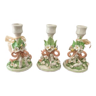 Charming 1980s Hand Crafted English Pottery Rabbit and Bird Candlestick Holders With Ribbon Detail - Set of 3 For Sale