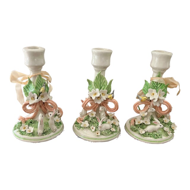Charming 1980s Hand Crafted English Pottery Rabbit and Bird Candlestick Holders With Ribbon Detail - Set of 3 For Sale