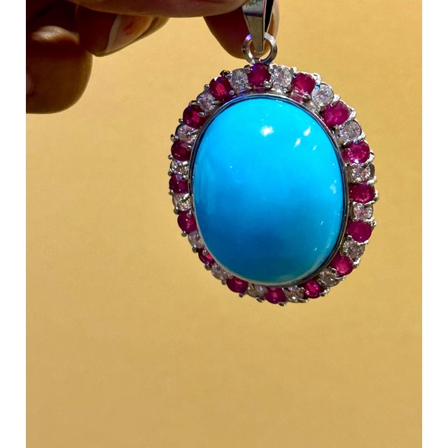 GIA Certified 105 Ct Natural Oval Turquoise, Ruby & Diamond Pendant, Sleeping B For Sale - Image 4 of 18