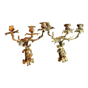 18thc Grand French Rococo Louis XVI Gilt Bronze Musical Cherub Baby Wall Sconces a - Pair