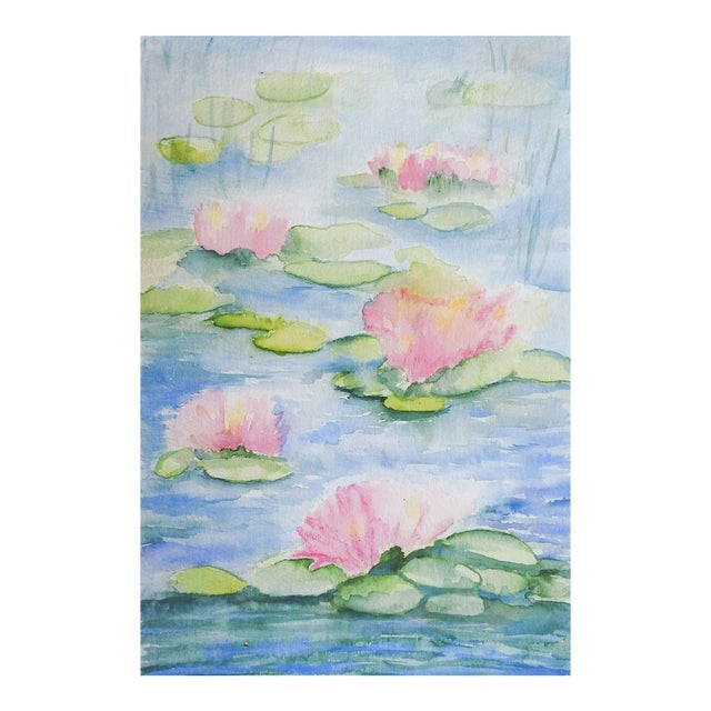 Late 20th Century Pink Water LiliesWatercolor Painting For Sale