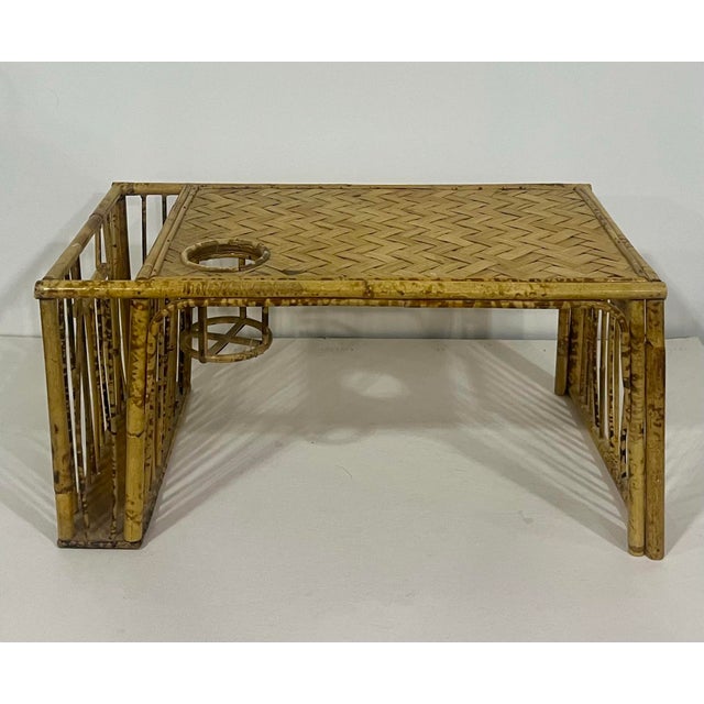 Boho Chic Vintage Bamboo and Rattan Bed Breakfast Tray Lap Desk Cup Magazine Holder For Sale - Image 3 of 6