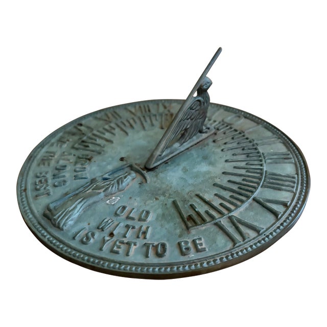 Vintage English Country Iron Verdigris Garden Sundial "Grow Old Along With Me" For Sale