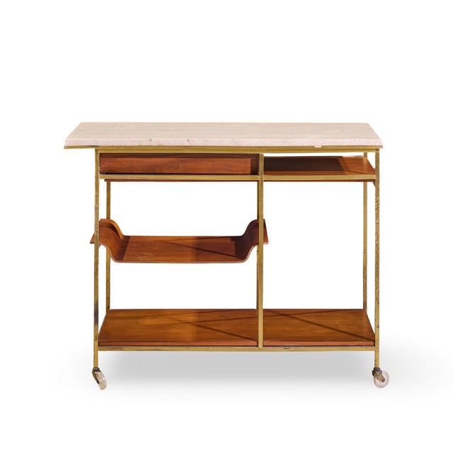Wood Paul McCobb for Calvin Irwin Collection Model C9203 Mid Century Travertine, Brass and Mahogany Bar Cart For Sale - Image 7 of 11
