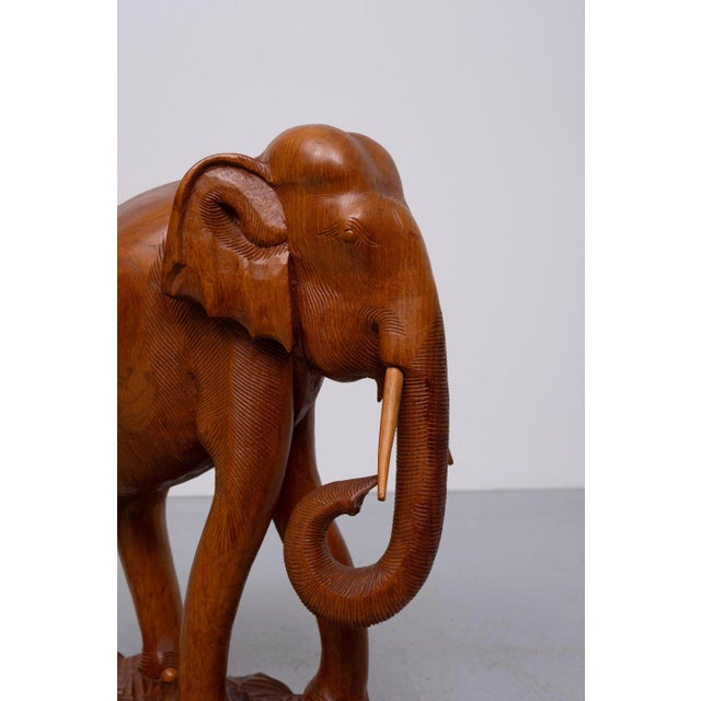 Large Carved Teak Elephant Statue Together with a Smaller Elephant, 1950s, Set of 2 For Sale - Image 9 of 11