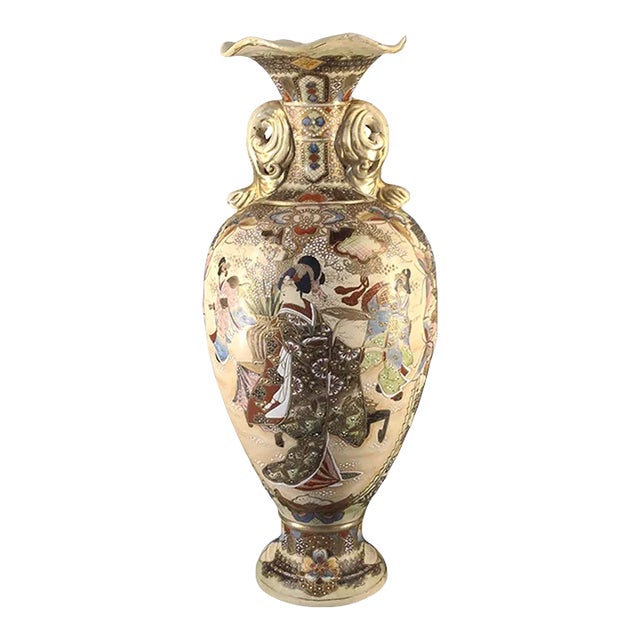 Antique Satsuma Figural Floral Palatial Size Floor Vase, Signed For Sale