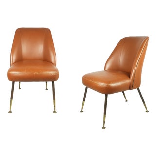 Vintage Campanula Chairs in Brown Leather and Brass by Carlo Pagani for Arflex, 1952, Set of 2 For Sale