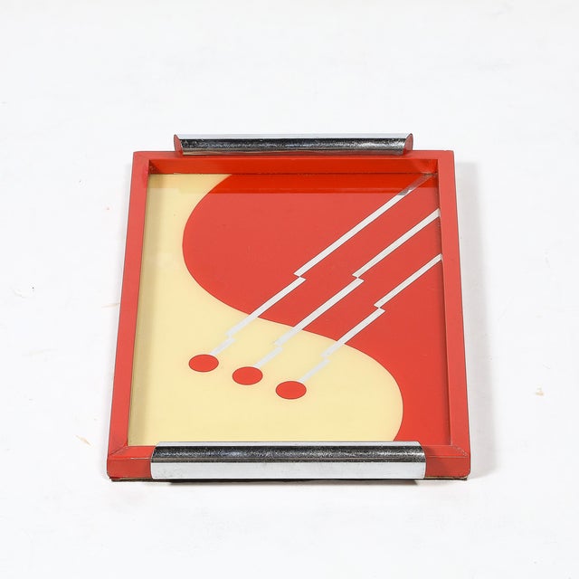 Metal Art Deco Eglomise Graphic Geometric Detailed Tray in Vermillion Red & Yellow For Sale - Image 7 of 17