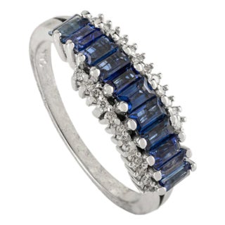 1920s Style 1.06 Ct Baguette Blue Sapphire & Diamond 14k Gold Band Ring Size 5 For Sale