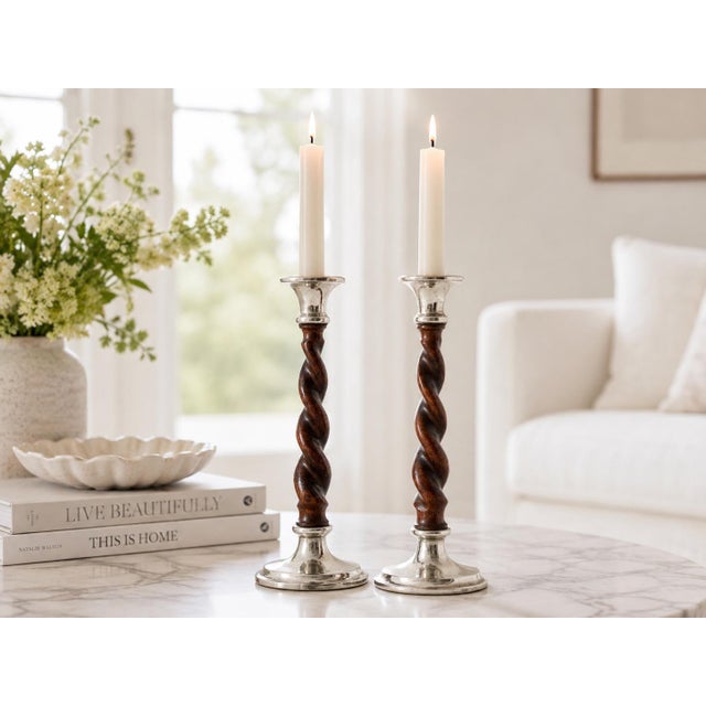 English Oak Twist Candlesticks With Silver Plate Mounts For Sale - Image 3 of 3