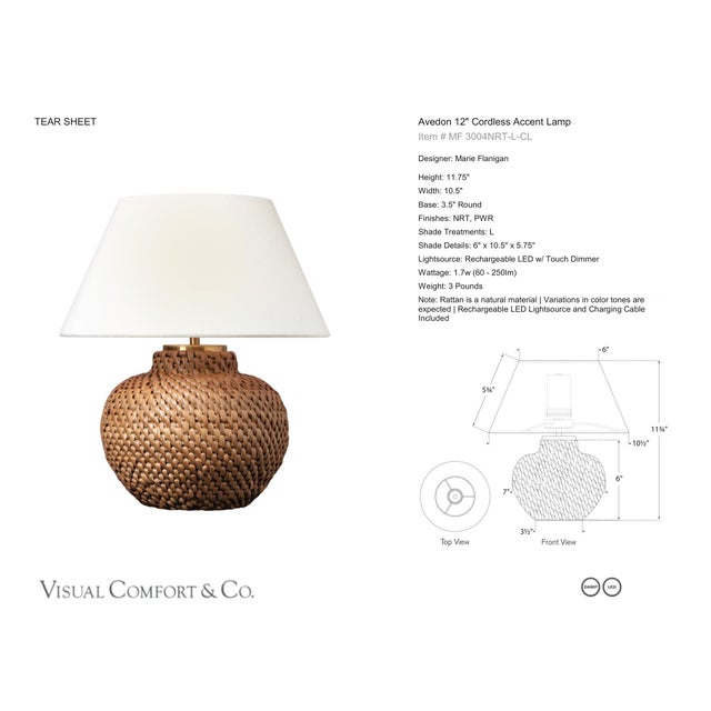 Marie Flanigan by Visual Comfort Signature Avedon 12" Cordless Accent Lamp in Natural Rattan with Linen Shade Designer:...