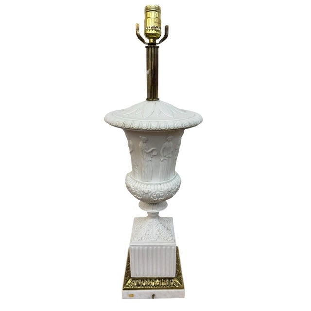 White Antique Wedgwood Faux Marble Base Brass Neoclassical Table Lamps - Set of 2 For Sale - Image 8 of 10