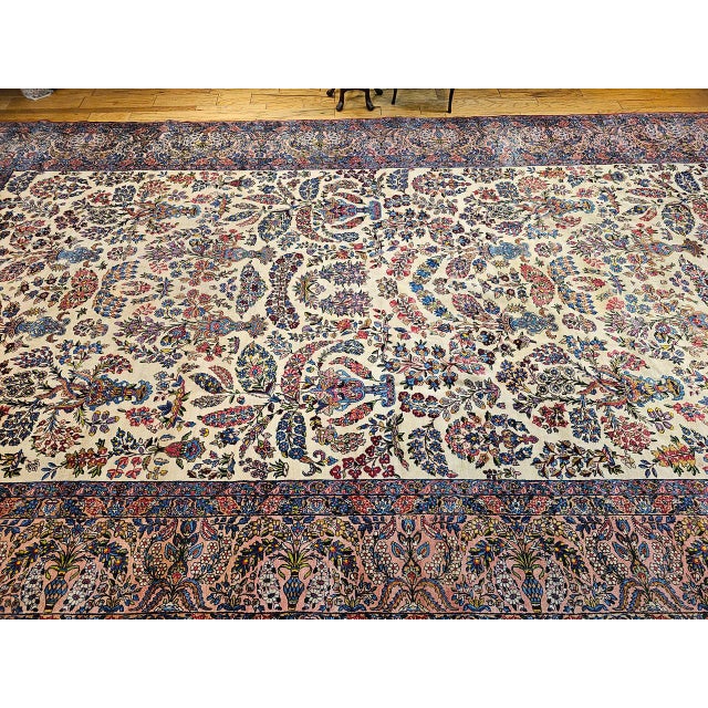 Antique Oversized Persian Kerman Lavar Rug, Hand-Knotted Wool, Allover Floral Vase Pattern, Ivory & Pink, 11x20 For Sale - Image 10 of 18