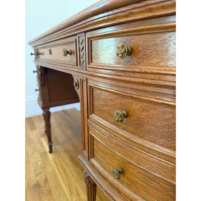 Vintage Edwardian-Style Oak Pedestal Desk With Casters For Sale - Image 9 of 10