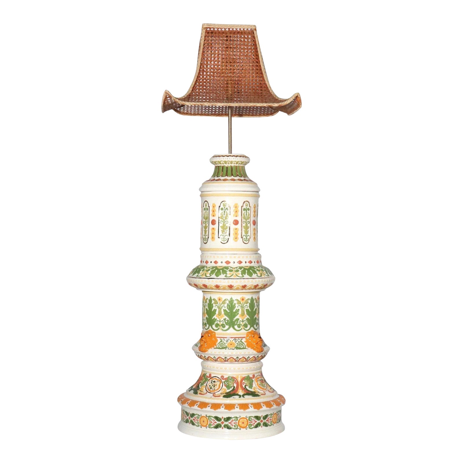Monumental Florentine Hand Painted Signed Lamp with Caned Pagoda Shade