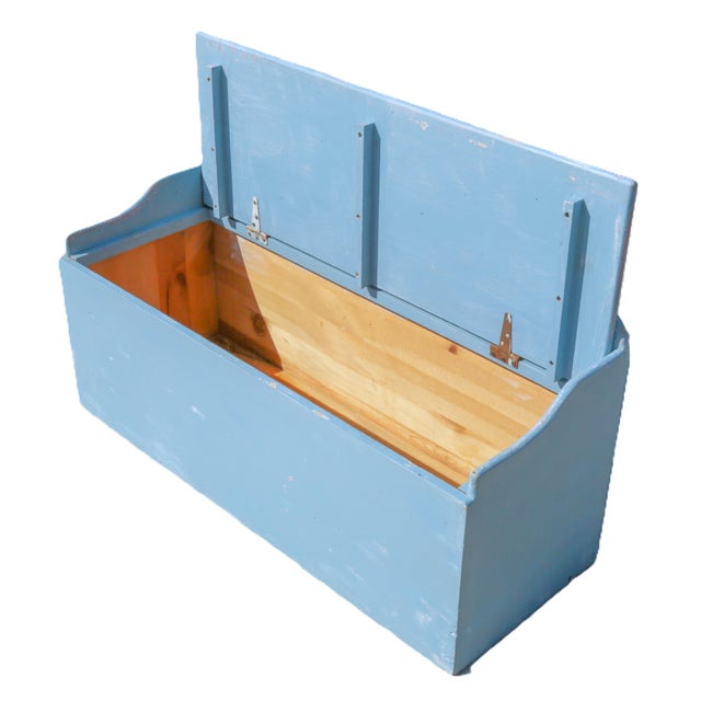 Baby Blue Vintage Toy Chest / Solid Wood Storage Bench in Dusty Blue Chippy Paint For Sale - Image 8 of 18