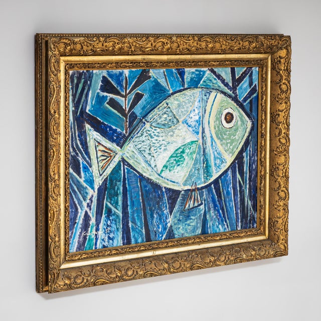 Oil on wood painting depicting an abstracted fish rendered in varying shades of blue. The composition reflects a bold,...