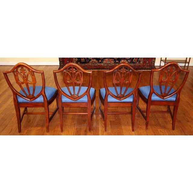 1990s Set of 8 Regency Style Solid Mahogany Fleur-De-Lis Blue Fabric Dining Chairs For Sale - Image 16 of 18