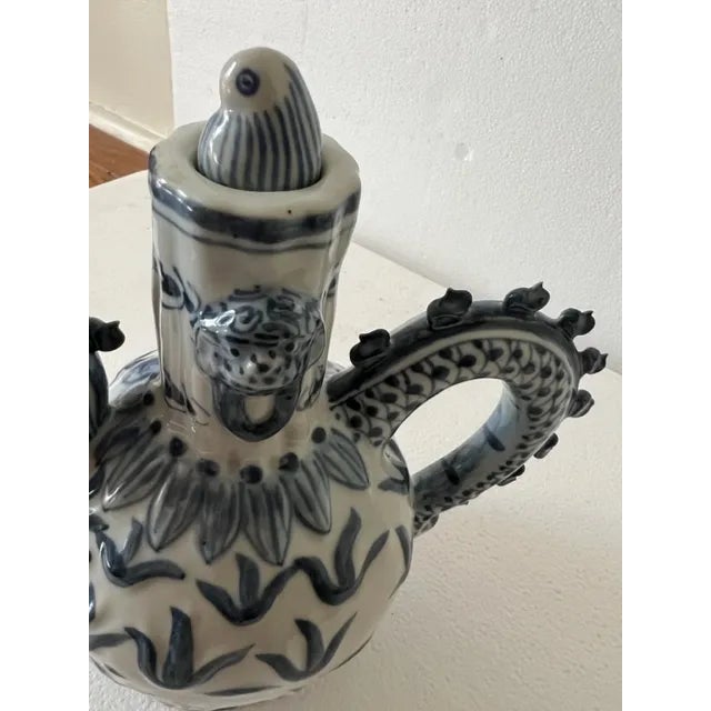 Ceramic Vintage Chinese Blue & White Porcelain Dragon Tea Pot For Sale - Image 7 of 11