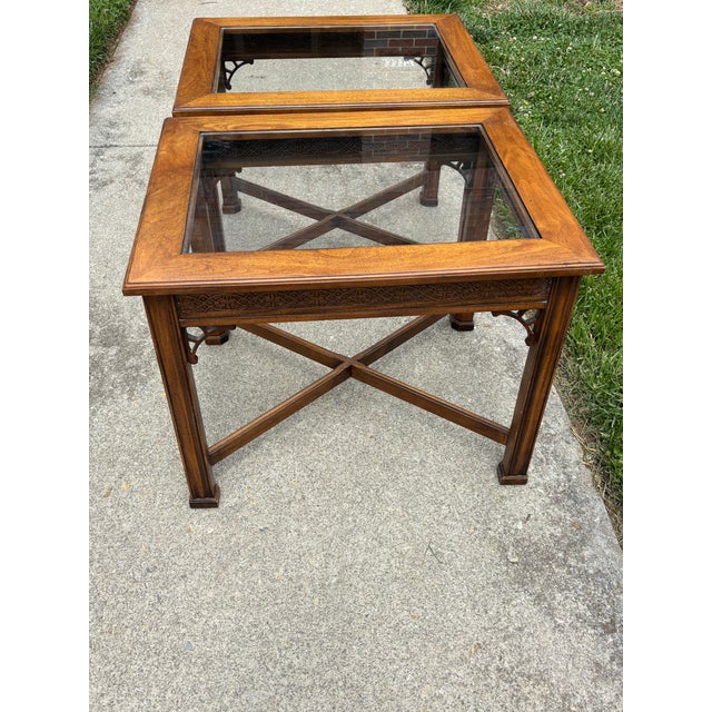 Wood 1970s Pair Glass Top Side Tables With Fretwork For Sale - Image 7 of 10