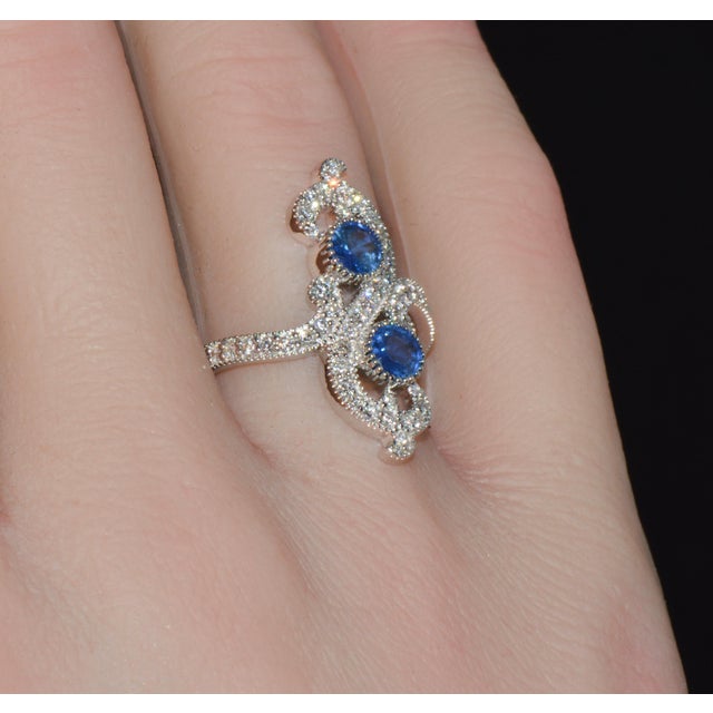 Certified Natural 1.40cts Diamond & Sapphire 18k Solid White Gold Filigree Cocktail Ring, Size 6.5 For Sale - Image 9 of 13