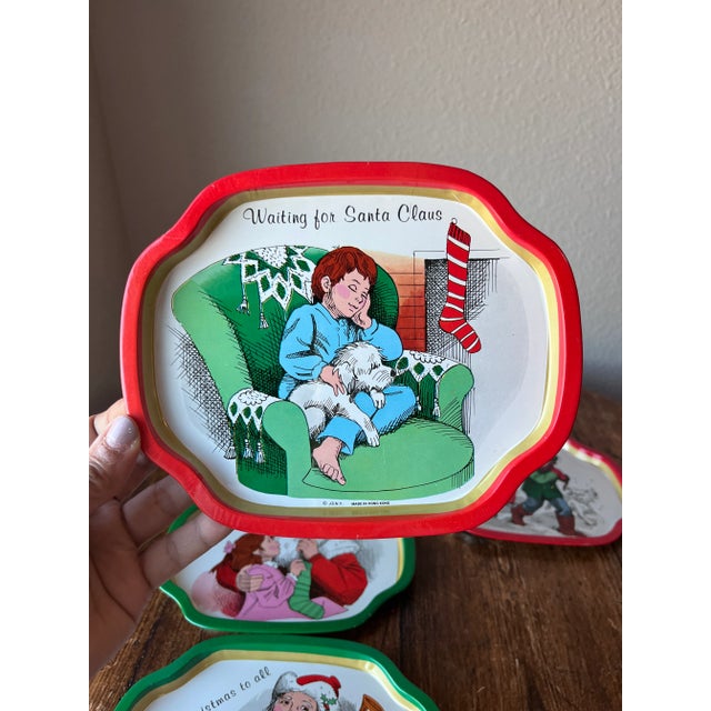 Metal Vintage Jsny Old Fashioned Style Christmas Snack Enameled Metal Tray Set For Sale - Image 7 of 9