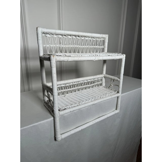 Vintage Coastal White Wicker Double Wall Shelf Towel Bar For Sale - Image 11 of 12