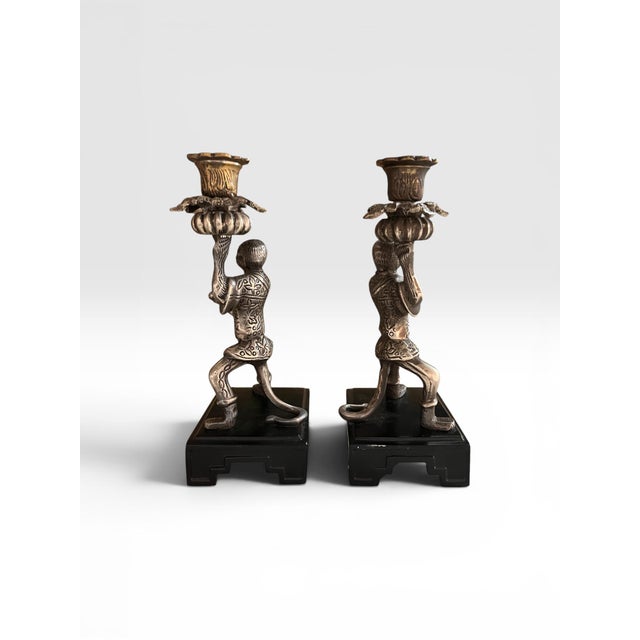 Vintage Castilian Imports Silver-Tone Monkey Opera Candlesticks – Pair, India, 1980s For Sale In West Palm - Image 6 of 8