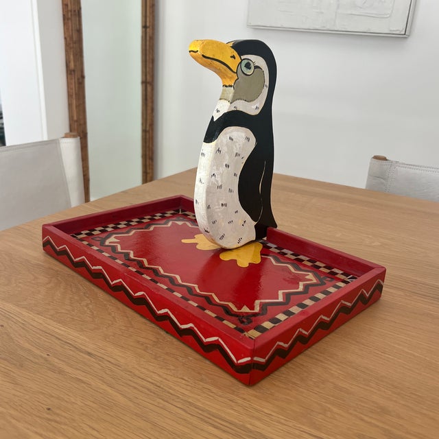 Red Handpainted American Folk Art Penguin Tray For Sale - Image 8 of 8