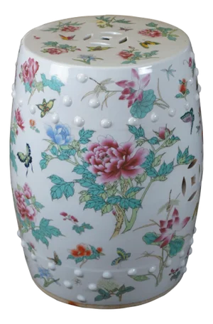 Mid 20th Century Chinese Famille Rose Floral & Fauna Polychrome Garden Stool Seat 18"