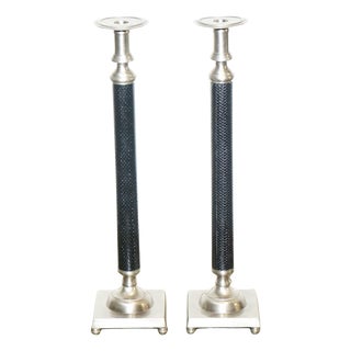 Silver Stainless Steel & Black Candleholders in the style of Ralph Lauren, Set of 2 For Sale