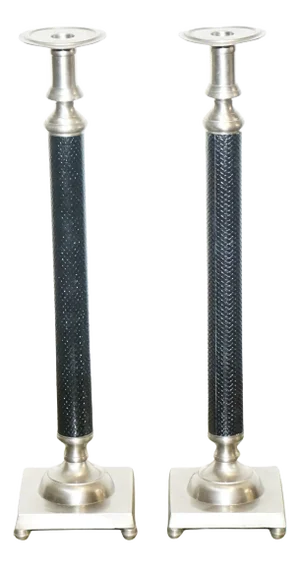 Silver Stainless Steel & Black Candleholders in the style of Ralph Lauren, Set of 2