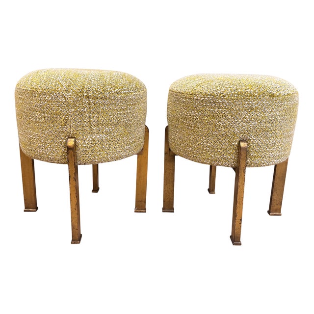 Chartreuse Bouclé Ottomans with Gilded Bronze Structures, 1950s, Set of 2 For Sale