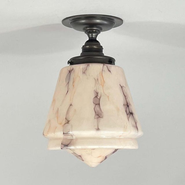 Art Deco Marbled Opaline and Brass Flush Mount, Germany, 1930s For Sale - Image 3 of 16