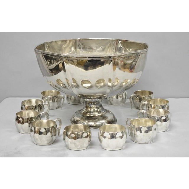 Traditional Vintage Modern Regency Style Silver Plated Pedestal Punch Bowl W 12 Hanging Cups For Sale - Image 3 of 18