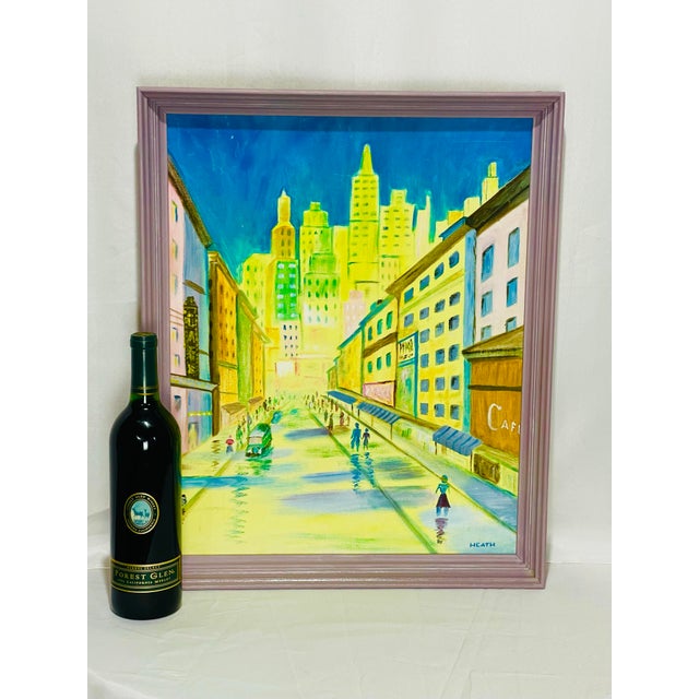 Mid-Century Modern 1970s Whimsical Mid-Century Modern Cityscape Painting in Lavender Frame For Sale - Image 3 of 11