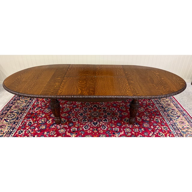 Antique English Butterfly Leaf Oval Carved Dining Table 118" Tiger Oak C1920-30s For Sale In Dallas - Image 6 of 17