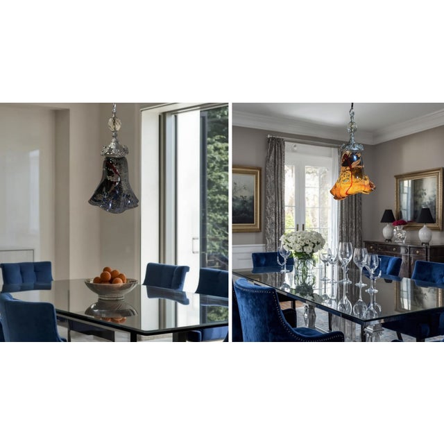 Antique Silver Tone Sculptural Med Goat Head & Abstract Art Glass Pendant Light For Sale In New York - Image 6 of 18