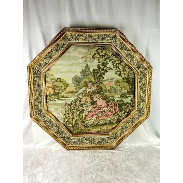 Vintage French Provincial Romantic Courting Couple Jacquard Woven Tapestry in Dimensional Octagon Gold Gilt Frame For Sale - Image 13 of 13
